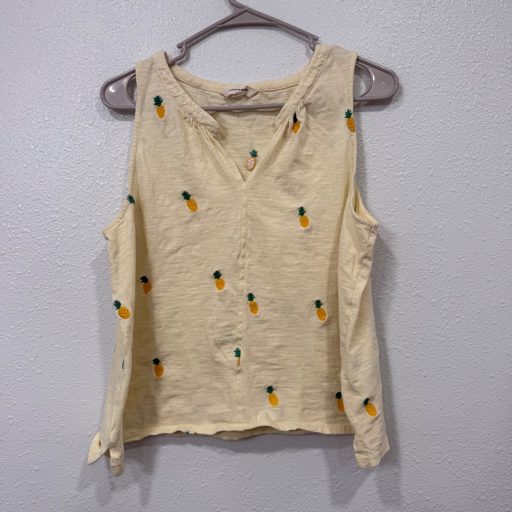 Lucky Brand Womens Yellow Embroidered Pineapple Slub Cotton Tank Top Large